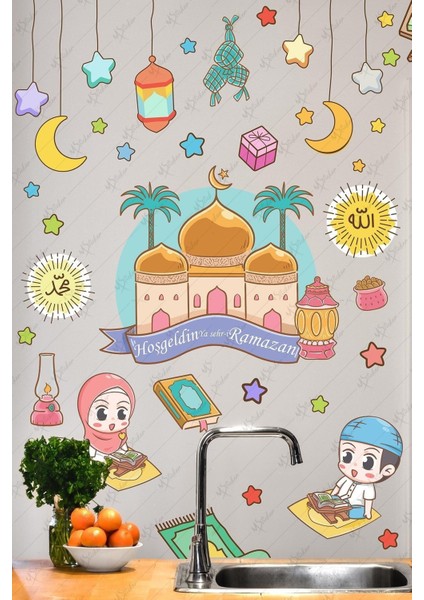 Çok Renkli Hoşgeldin Ramazan Cami ve Renkli Ramazan Ayı Figürleri Cam Duvar Sticker Seti Ramazan Sü