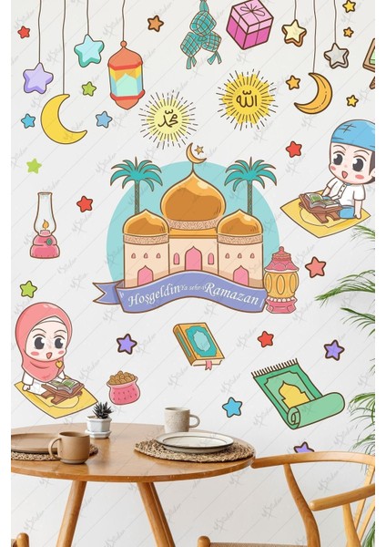 Çok Renkli Hoşgeldin Ramazan Cami ve Renkli Ramazan Ayı Figürleri Cam Duvar Sticker Seti Ramazan Sü