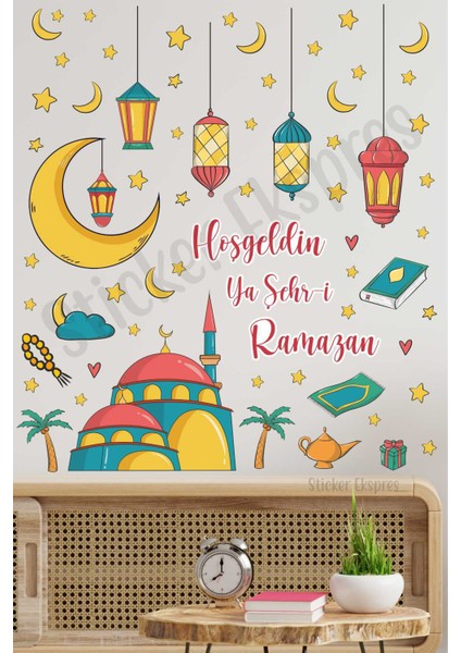 Tekno Trust Çok Renkli Cami ve Kandiller Hoşgeldin Ramazan Süsü Cam Duvar Kapı Sticker Seti Figür 5+ Bebek / Ço