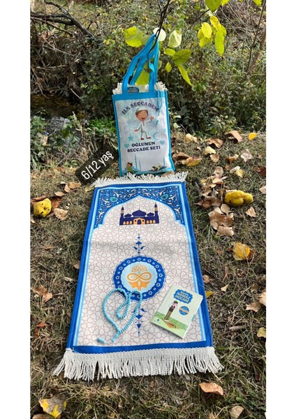 Tekno Trust Mavi Büyük Boy Çantalı Namaz Dua Ibadet Çocuk Seccade Namazlık seti Süet Süet Örgü Saçak Pamuklu
