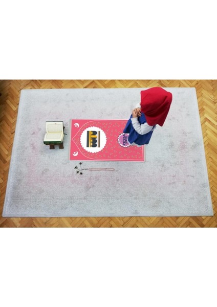 Tekno Trust Polyester Çiçekli-Kabe Desen Isim Yazılabilir Çocuk Seccadesi Namazlık Pembe