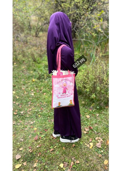 Tekno Trust Süet Büyük Boy Çantalı Namaz Dua Ibadet Çocuk Seccade Namazlık seti Pembe Pamuklu Örgü Saçak Süet