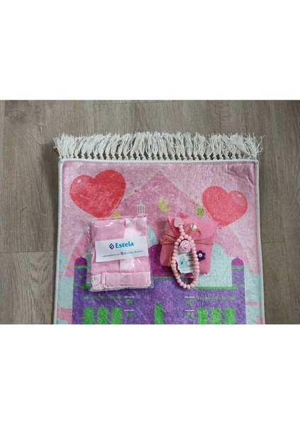 Tekno Trust Dot Çocuk Seccadesi Seccade Seti Pratik Bone Tesbih Namazlık Seti Pembe Balonlu Polyester Düz Saçak