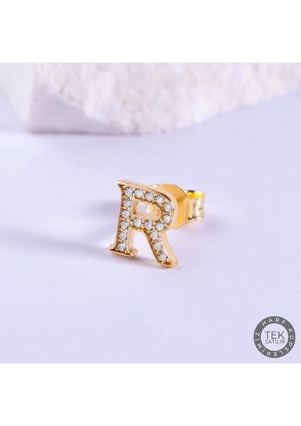 14 Ayar Altın Taşlı R Harf Küpe 0,58 gr