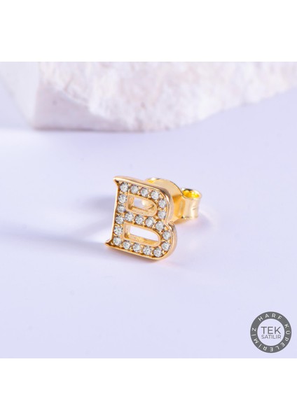 14 Ayar Altın Taşlı B Harf Küpe 0,65 gr