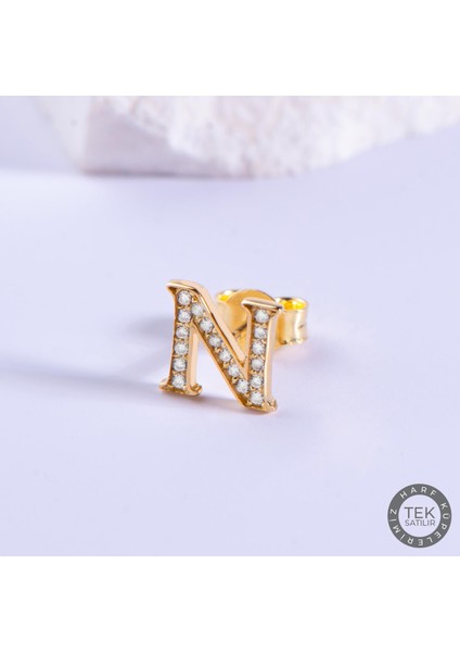 14 Ayar Altın Taşlı N Harf Küpe 0,61 gr