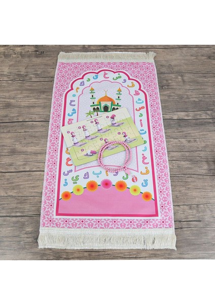 Pembe Çocuk Seccadesi Pembe 45X82 cm Aksa Pembe & Kokulu Tesbih Bebek Pembesi & Ayşe Namaz Kılıyor