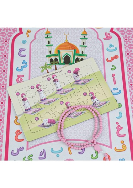 Pembe Çocuk Seccadesi Pembe 45X82 cm Aksa Pembe & Kokulu Tesbih Bebek Pembesi & Ayşe Namaz Kılıyor