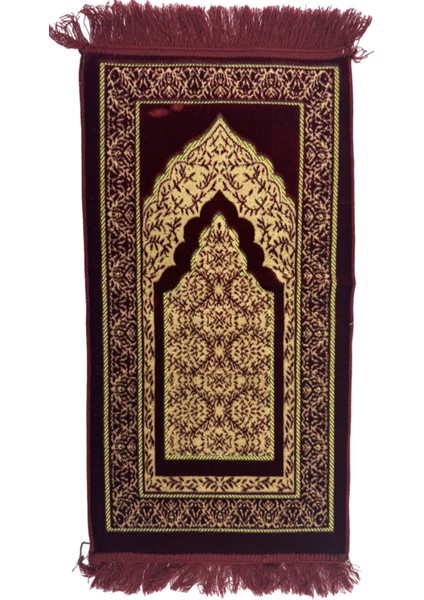 Düz Saçak Kırmızı Sarı Kalın Desenli Saçaklı (39.5CMX86CM) Çocuk Namaz Seccadesi NO46 Polyester Kır