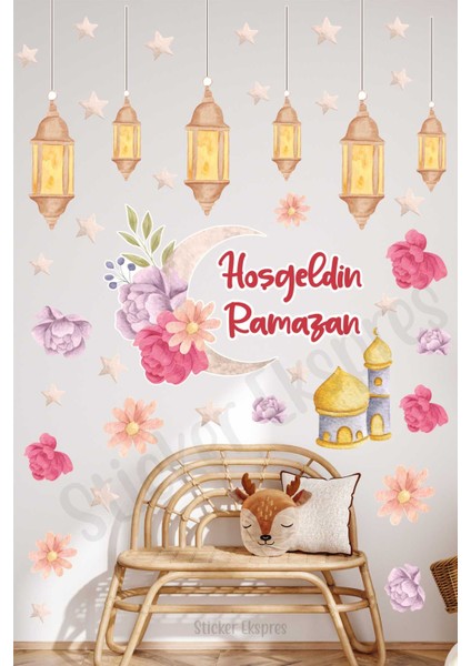 Hoşgeldin Ramazan Çiçekli Hilal ve Fenerler Cam Duvar Kapı Sticker Seti Ramazan Süsü