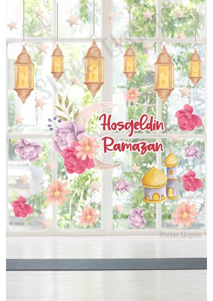 Hoşgeldin Ramazan Çiçekli Hilal ve Fenerler Cam Duvar Kapı Sticker Seti Ramazan Süsü