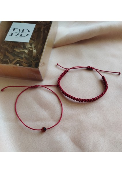 DD Jewelry Bordo Akik'li Ip ve Makrome Örme 2'li Set Bileklik