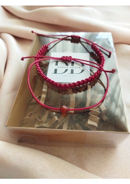 DD Jewelry Bordo Akik'li Ip ve Makrome Örme 2'li Set Bileklik