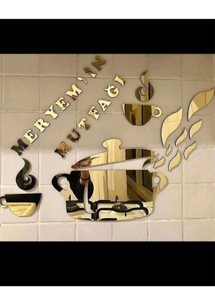 5+ Isimli Mutfağı Yazılı Gold Ayalı Pleksi Mutfak Süsü Akrilik Altın