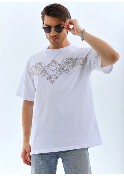 Unisex Oversize Taşlı Bisiklet Yaka T-Shirt - Beyaz indirimleri