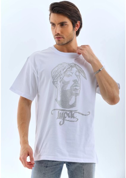 Unisex Oversize Taşlı Bisiklet Yaka T-Shirt - Beyaz fırsatları