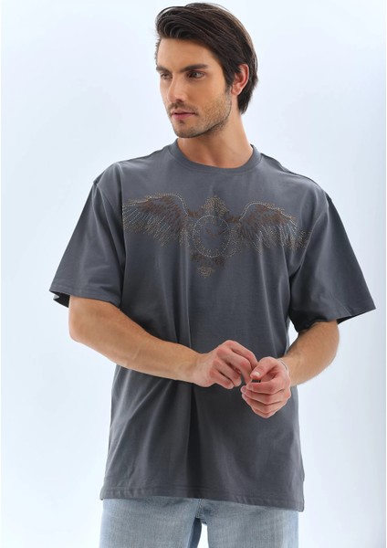 Unisex Oversize Taşlı Bisiklet Yaka T-Shirt - Füme modelleri