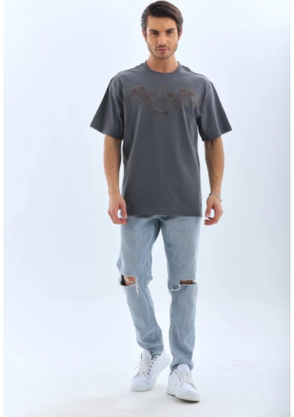 Unisex Oversize Taşlı Bisiklet Yaka T-Shirt - Füme fırsatları