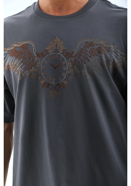 Unisex Oversize Taşlı Bisiklet Yaka T-Shirt - Füme