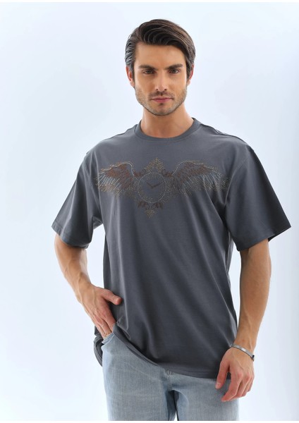 Unisex Oversize Taşlı Bisiklet Yaka T-Shirt - Füme indirimleri