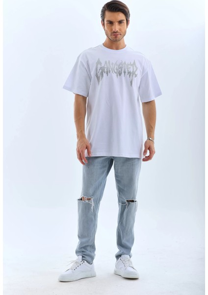 Unisex Oversize Taşlı Bisiklet Yaka T-Shirt - Beyaz