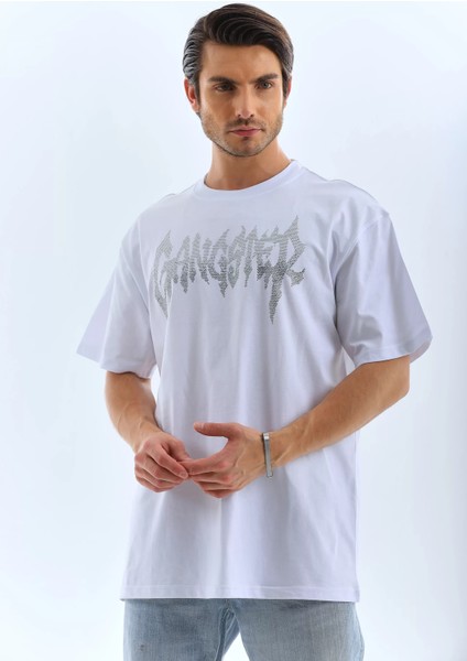 Unisex Oversize Taşlı Bisiklet Yaka T-Shirt - Beyaz fırsatları