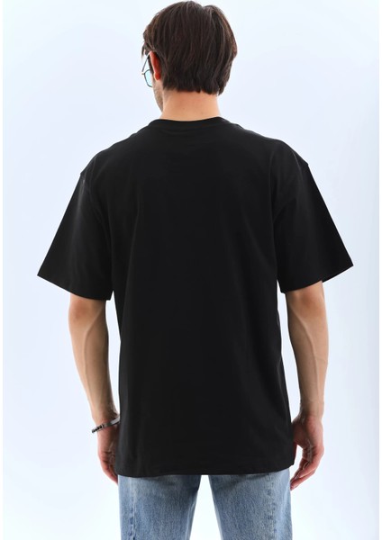 Unisex Oversize Taşlı Bisiklet Yaka T-Shirt - Siyah fiyatları