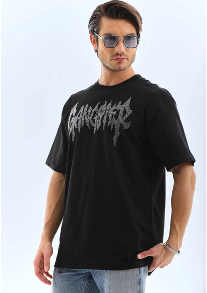 Unisex Oversize Taşlı Bisiklet Yaka T-Shirt - Siyah fırsatları