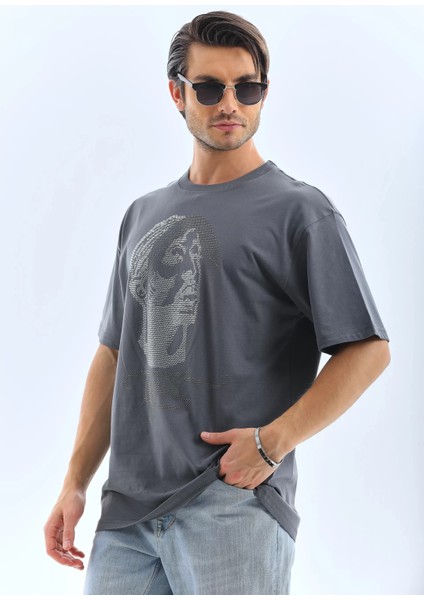 Unisex Oversize Taşlı Bisiklet Yaka T-Shirt - Füme indirimleri