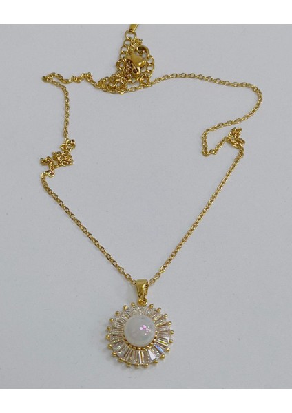 Kararmaz Paslanmaz Altın Kaplama Inci Detaylı Taşlı Gold Renk Çelik Zincir Kolye