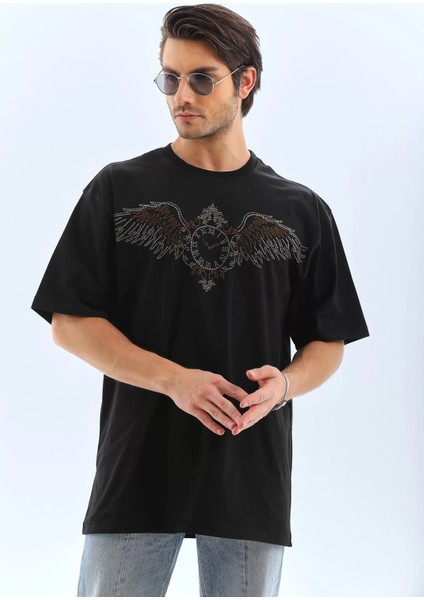 Unisex Oversize Taşlı Bisiklet Yaka T-Shirt - Siyah fırsatları