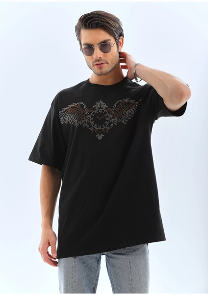 Unisex Oversize Taşlı Bisiklet Yaka T-Shirt - Siyah indirimleri