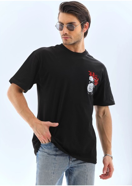 Unisex Oversize Baskılı Bisiklet Yaka T-Shirt - Siyah modelleri