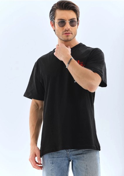 Unisex Oversize Baskılı Bisiklet Yaka T-Shirt - Siyah indirimleri