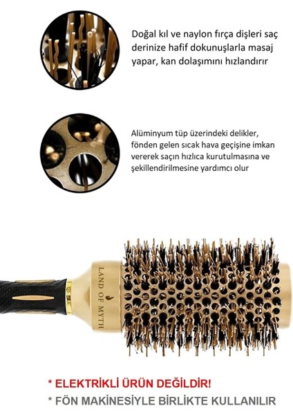 Tekno Trust Fön Fırçası 43 MM-LOM1143 Nano Teknoloji Seramik + Iyonik Termal Fön Saç Fırçası, Doğal At Kılı Diş
