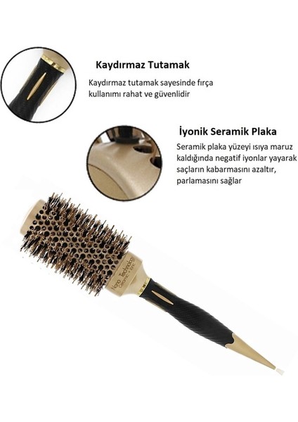 Tekno Trust Fön Fırçası 43 MM-LOM1143 Nano Teknoloji Seramik + Iyonik Termal Fön Saç Fırçası, Doğal At Kılı Diş
