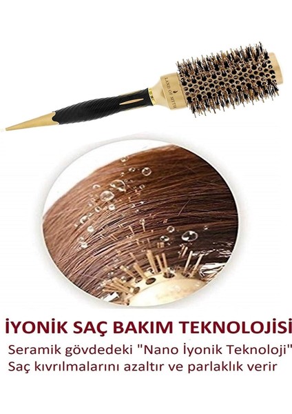 Tekno Trust Fön Fırçası 43 MM-LOM1143 Nano Teknoloji Seramik + Iyonik Termal Fön Saç Fırçası, Doğal At Kılı Diş