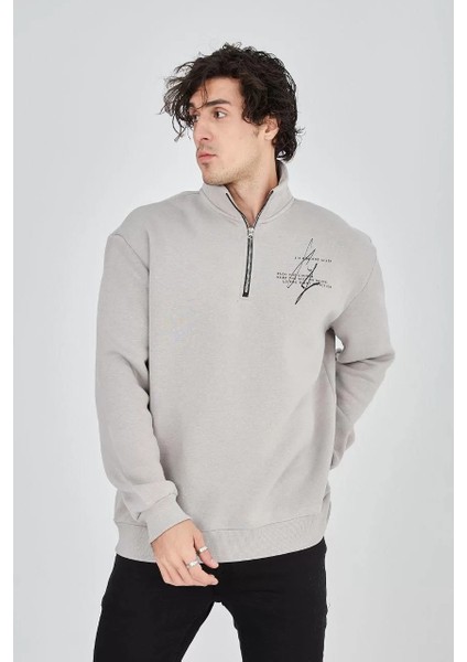 Erkek Yarım Fermuarlı Baskılı Sweat - Boyalı Gri
