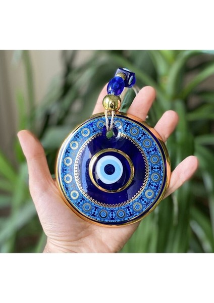 1 Altın Yaldızlı Nazar Boncuğu Işlemeli El Yapımı Mavi Cam