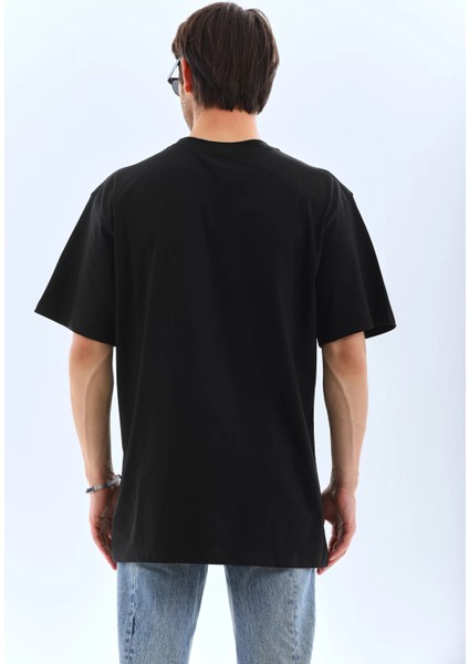 Unisex Oversize Taşlı Bisiklet Yaka T-Shirt - Siyah fiyatları