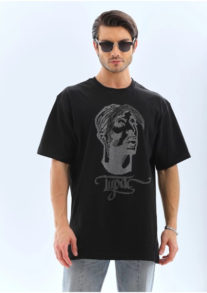 Unisex Oversize Taşlı Bisiklet Yaka T-Shirt - Siyah indirimleri