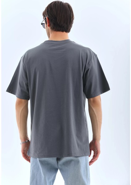 Unisex Oversize Taşlı Bisiklet Yaka T-Shirt - Füme fiyatları