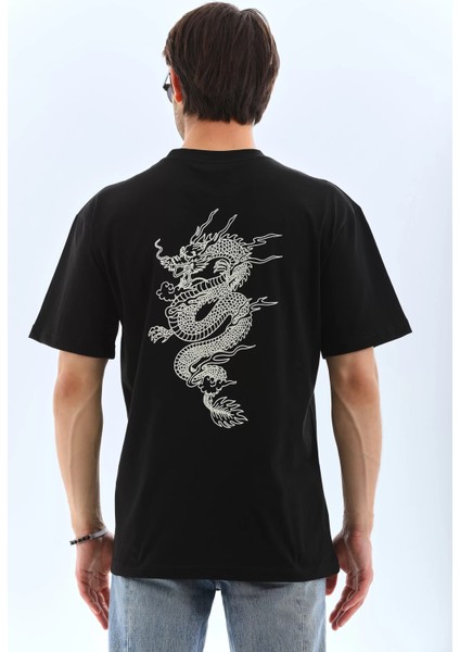 Unisex Oversize Baskılı Bisiklet Yaka T-Shirt - Siyah fiyatları