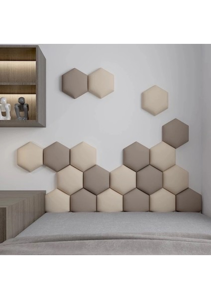 Geometrik Altıgen Kumaş Kaplı 3D Duvar Paneli Seti (12 Adet) Bej Ahşap 5+