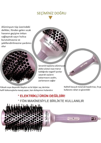 Tekno Trust Mor 43 mm Nano Teknoloji Seramik + Iyonik Termal Fön Saç Fırçası, Doğal Kıl Diş, Profesyonel Seri F