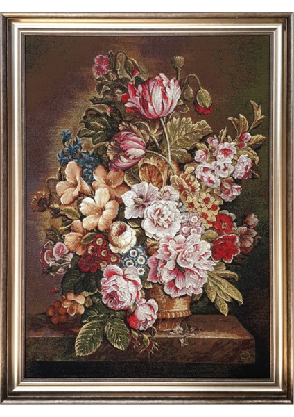 Beyaz Tekstil Goblen Dokuma Tablo Kumaşı-Çiçek Vazo Buket