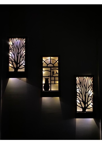 Kahverengi Üçlü Set Ledli Masif Panel Dekoratif Tablo Duvar Süsü Ev Antre Balkon Süsü 36X18CM