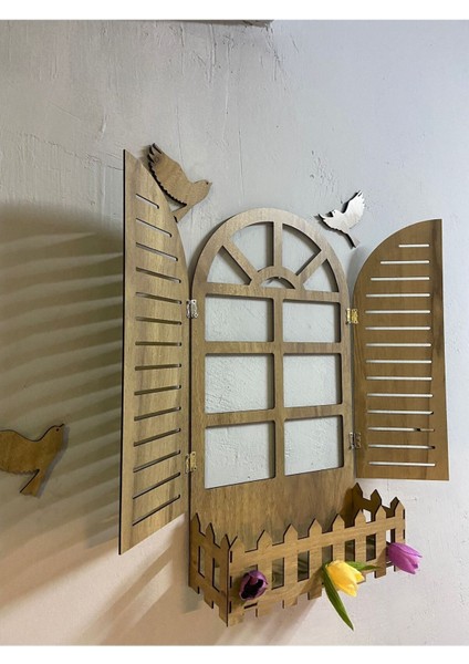 5+ Ahşap Rengi Kuşlu Pencere Temalı Çiçeklik Ahşap Mdf Lazer Kesim 3mm Duvar Süsü Kahverengi Klasik fırsatları