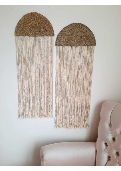 Bej Ikili Bambu Makrome Duvar Dekorasyonu (35 × 100 Cm) 110 x 35
