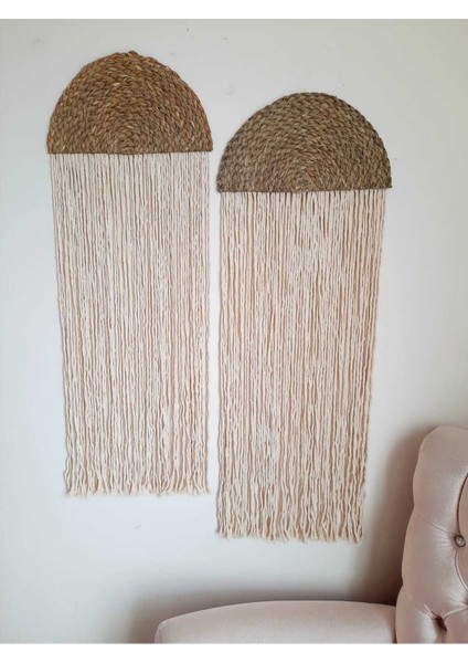 Bej Ikili Bambu Makrome Duvar Dekorasyonu (35 × 100 Cm) 110 x 35